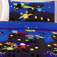 Comic book bed linen of superheroes as they defeat supervillains and monsters