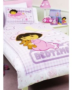 Make bedtime easier with a doona cover featuring a sleepy Dora cuddling her teddy bear, ready to say goodnight.