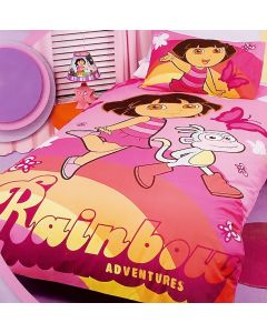Rainbow adventures with Dora, Boots the monkey and butterflies as they skip along together available for twin single beds.