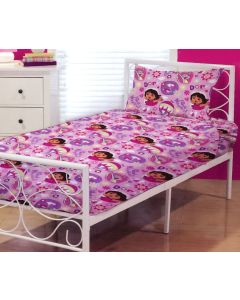 Sleep snugly in between Dora the Explorer bed sheets featuring a pattern of Dora and friend, Boots.