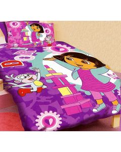 Dora and Boots the monkey are playing with toys and constructing a tower with building blocks on this purple Dora bedding set.