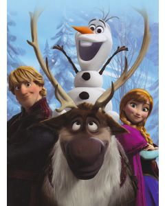 Fleecy throw blanket features ice havester Kristoff, Sven the reindeer, Olaf the snowman and Princess Anna of Arendelle.