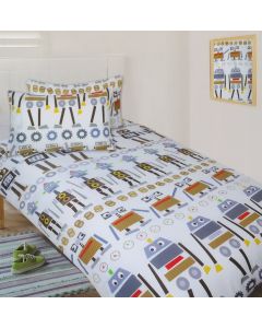A pattern of funny artifical intelligence characters dance across the fabric of this robot bedding set.