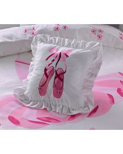 Pink ballet slippers with ribbons are embroidered on a beautiful cushion and surrounded by ruffles.